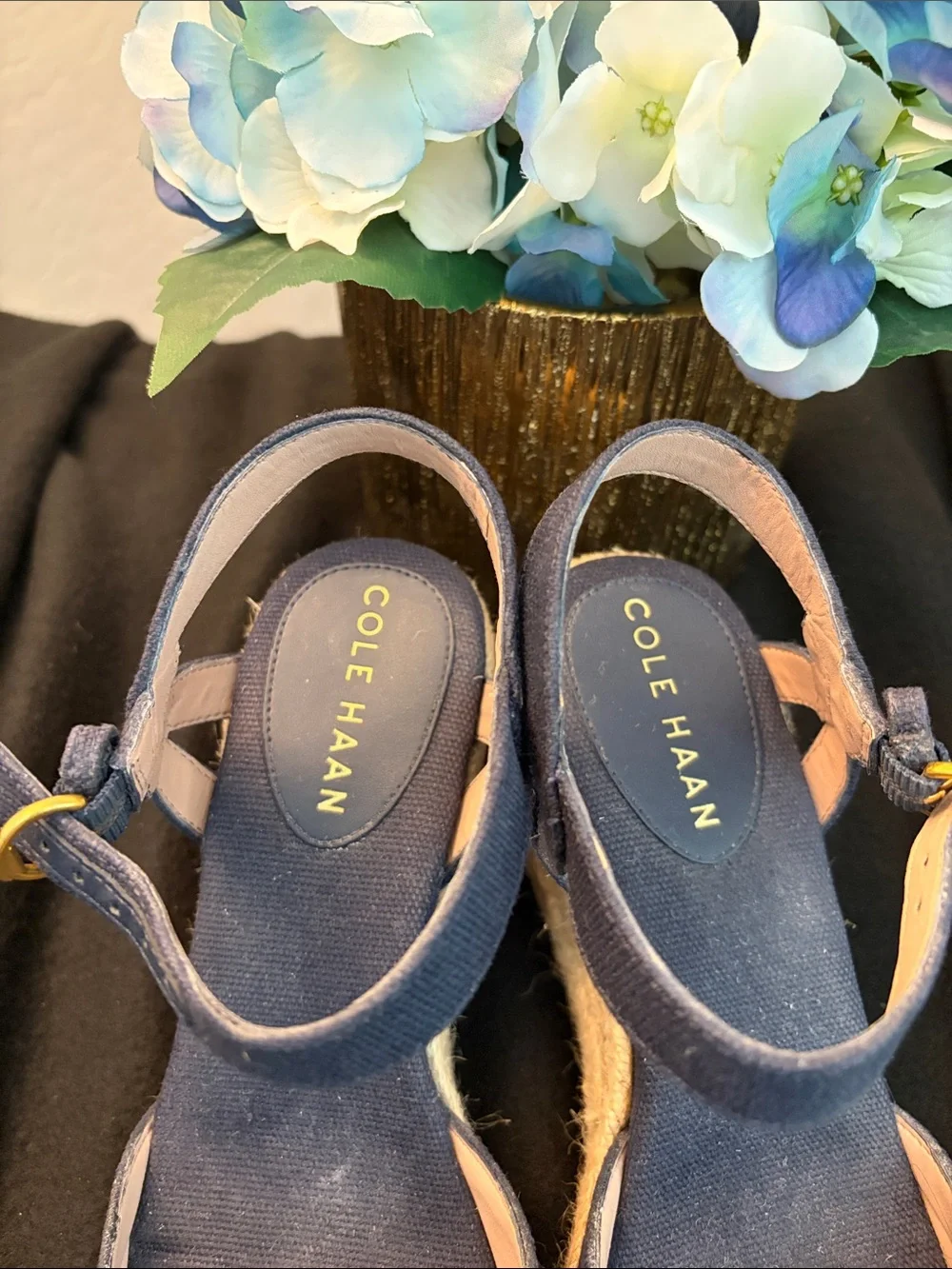 Cole Haan Navy Canvas Espadrille Wedge Sandals with Ankle Strap 3 in heels